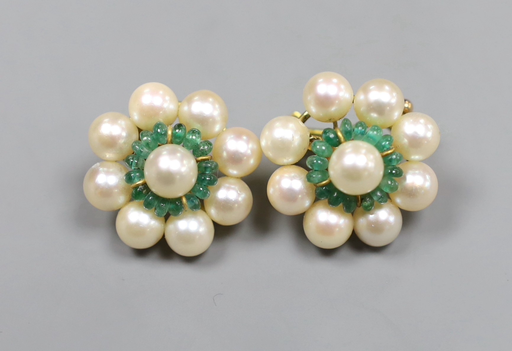 A pair of Indian yellow metal, cultured pearl and emerald bead ear-clips, 2.5cm, gross 17.5 grams